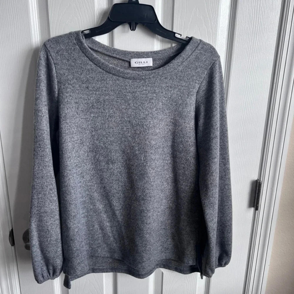 Gilli Womens Grey Soft Knit Lantern Sleeve High-Low Top Medium Made in USA‎